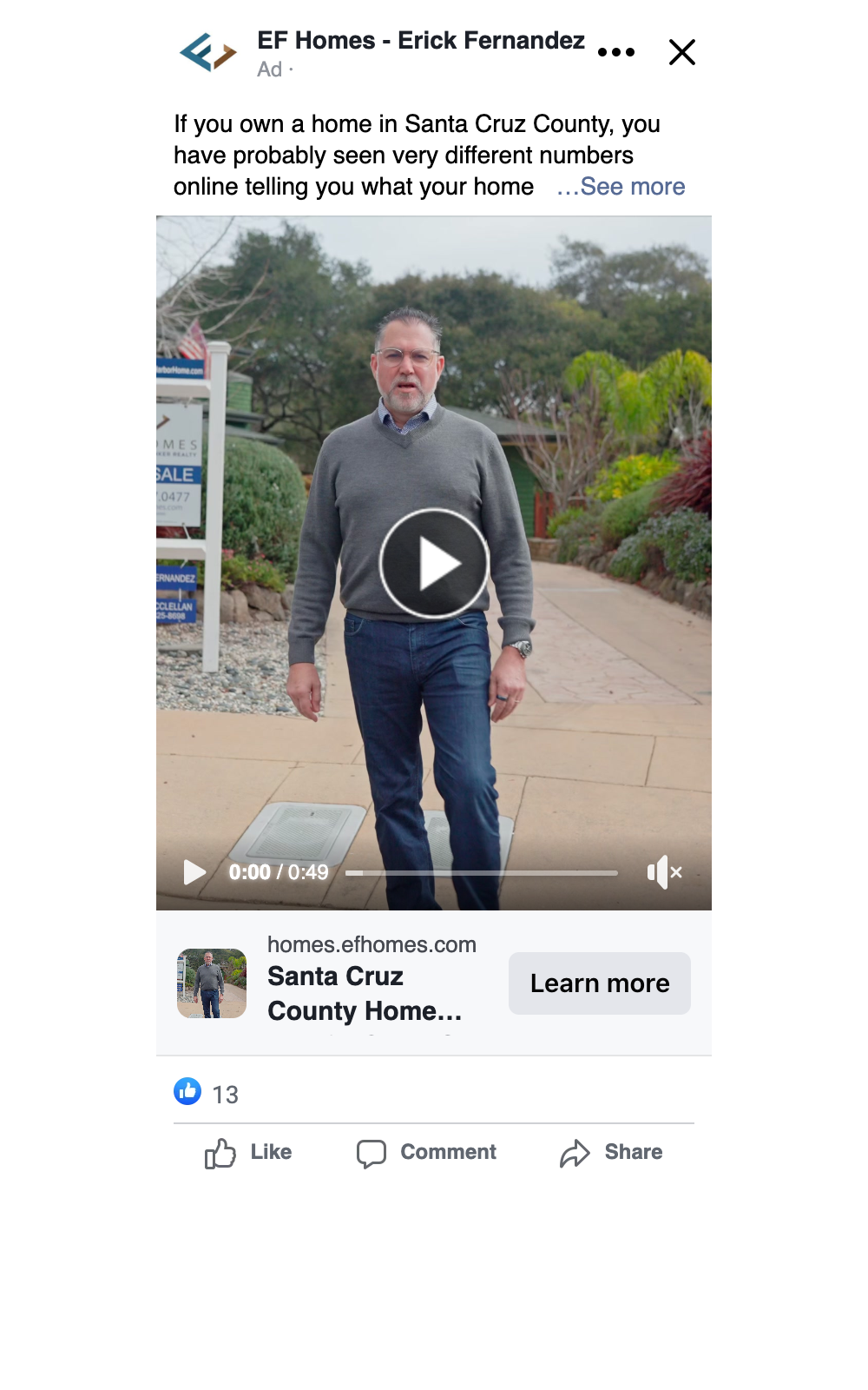 EF Homes Meta Ad with copy and engagement