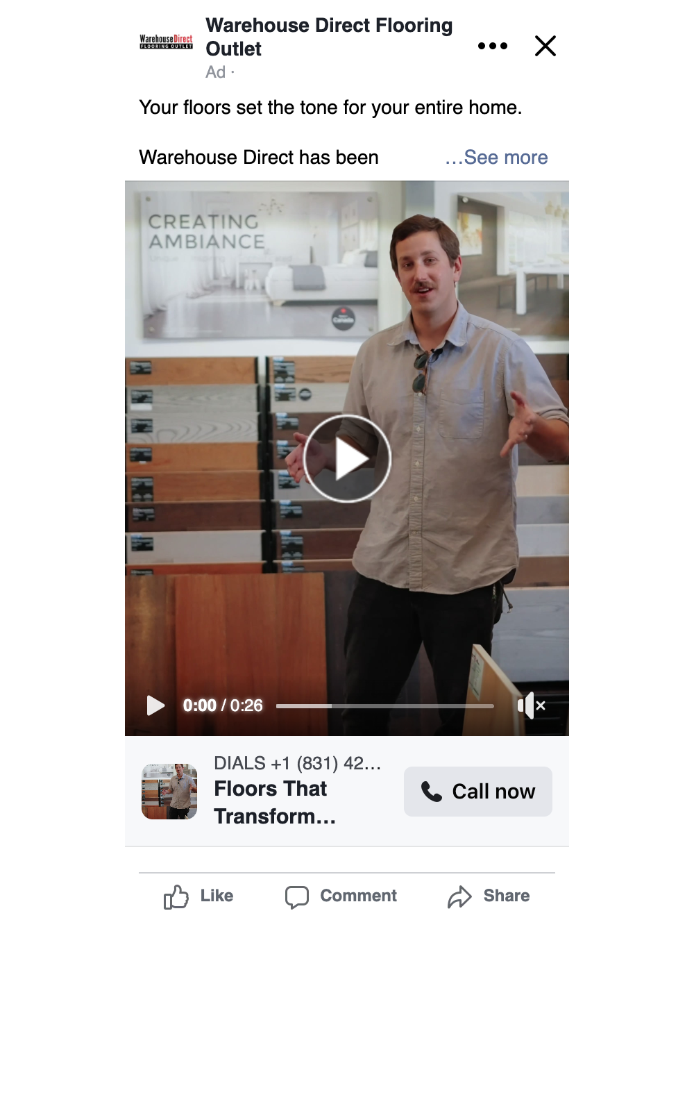 Warehouse Direct Meta Ad with copy and engagement