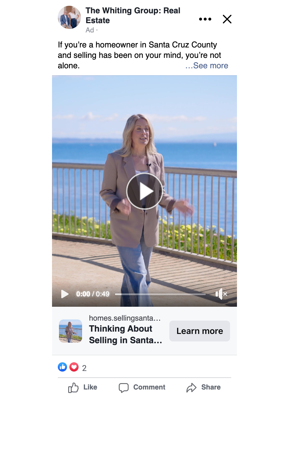 Whiting Group Meta Ad with copy and engagement